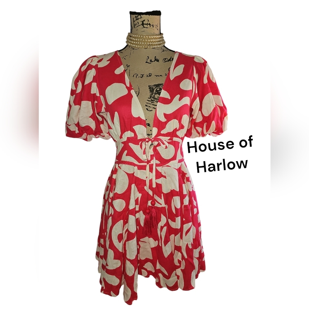 House Of Harlow 1960 Barbie boho Mini Dress Puff-Sleeve Linen Blend Pink Size 4